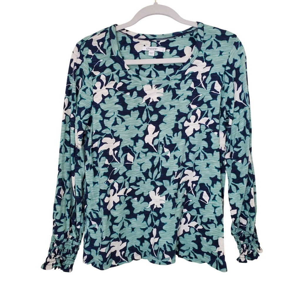 Chico's 1 Long‎ Sleeve Floral Print Top Size M Cotton Modal Blue Green Tee